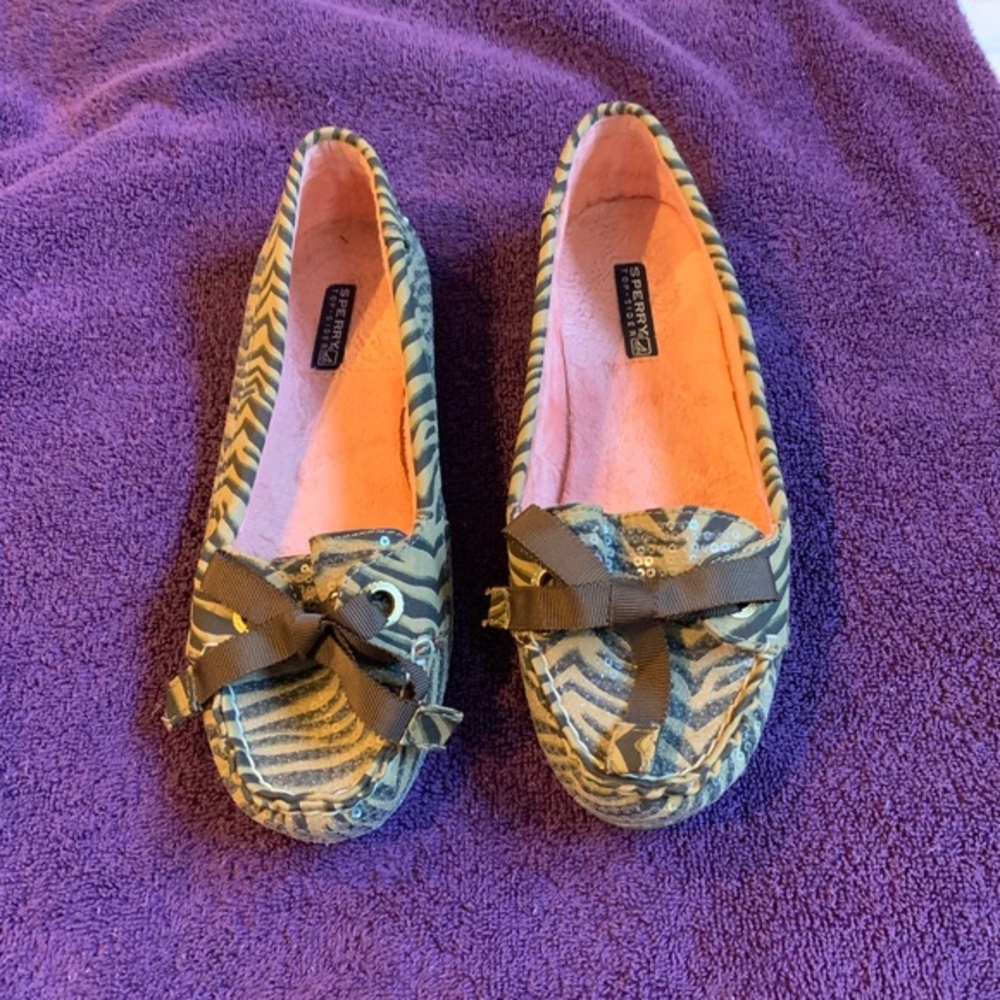 NWOB Sperry Topsider Brown/Tan Zebra Sequin Moccasins sz 8.5 M